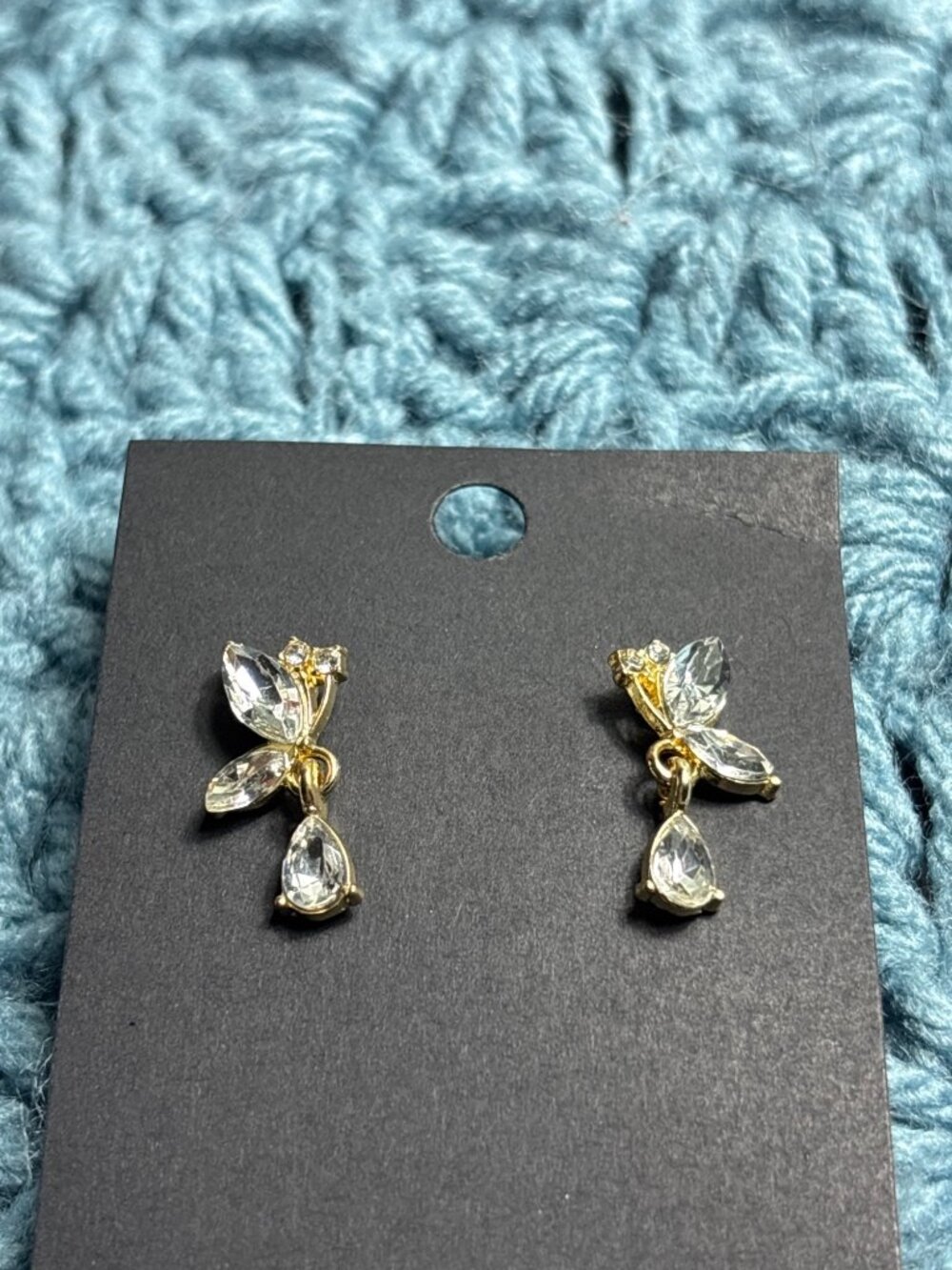 Clear Rhinestone Butterfly Teardrop Dangle Earrings Goldtone 0.75 inch